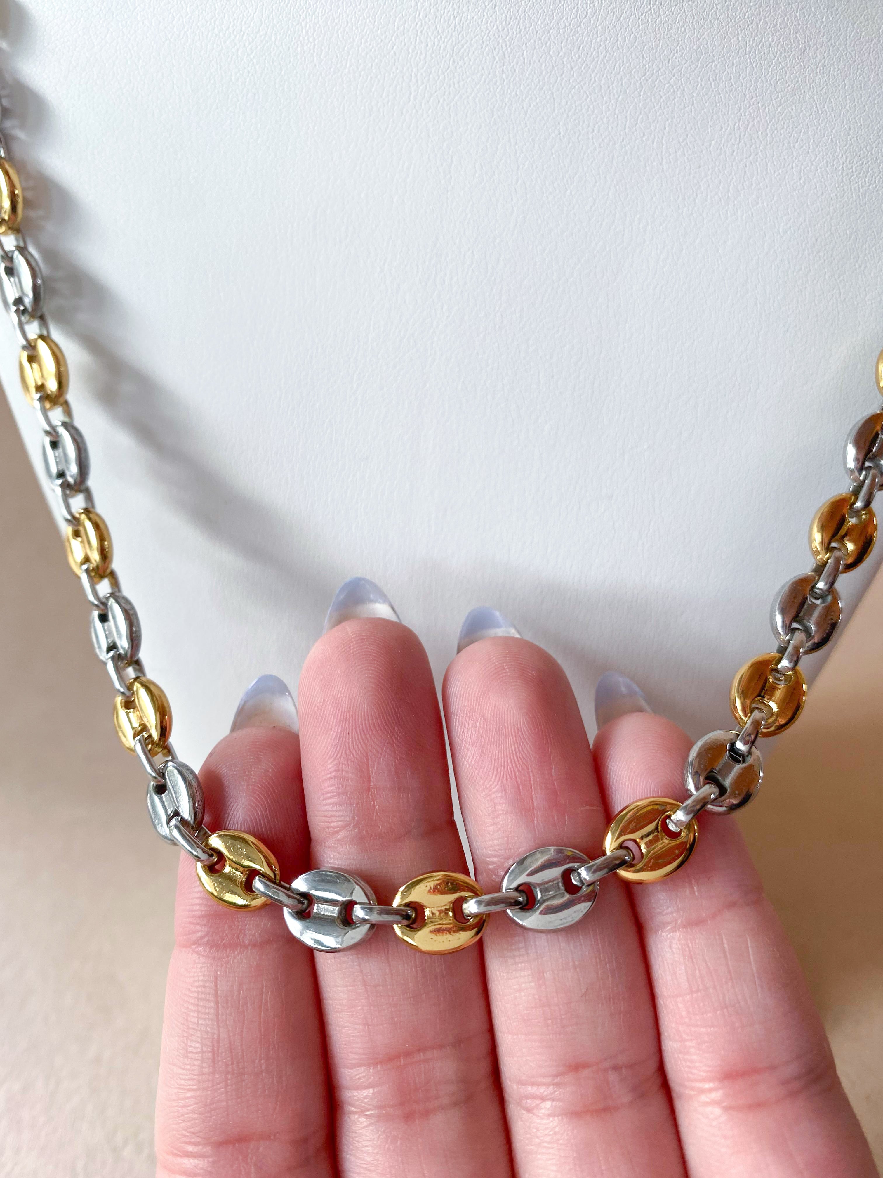 Large Silver & Gold Steel Coffee Grain Necklace