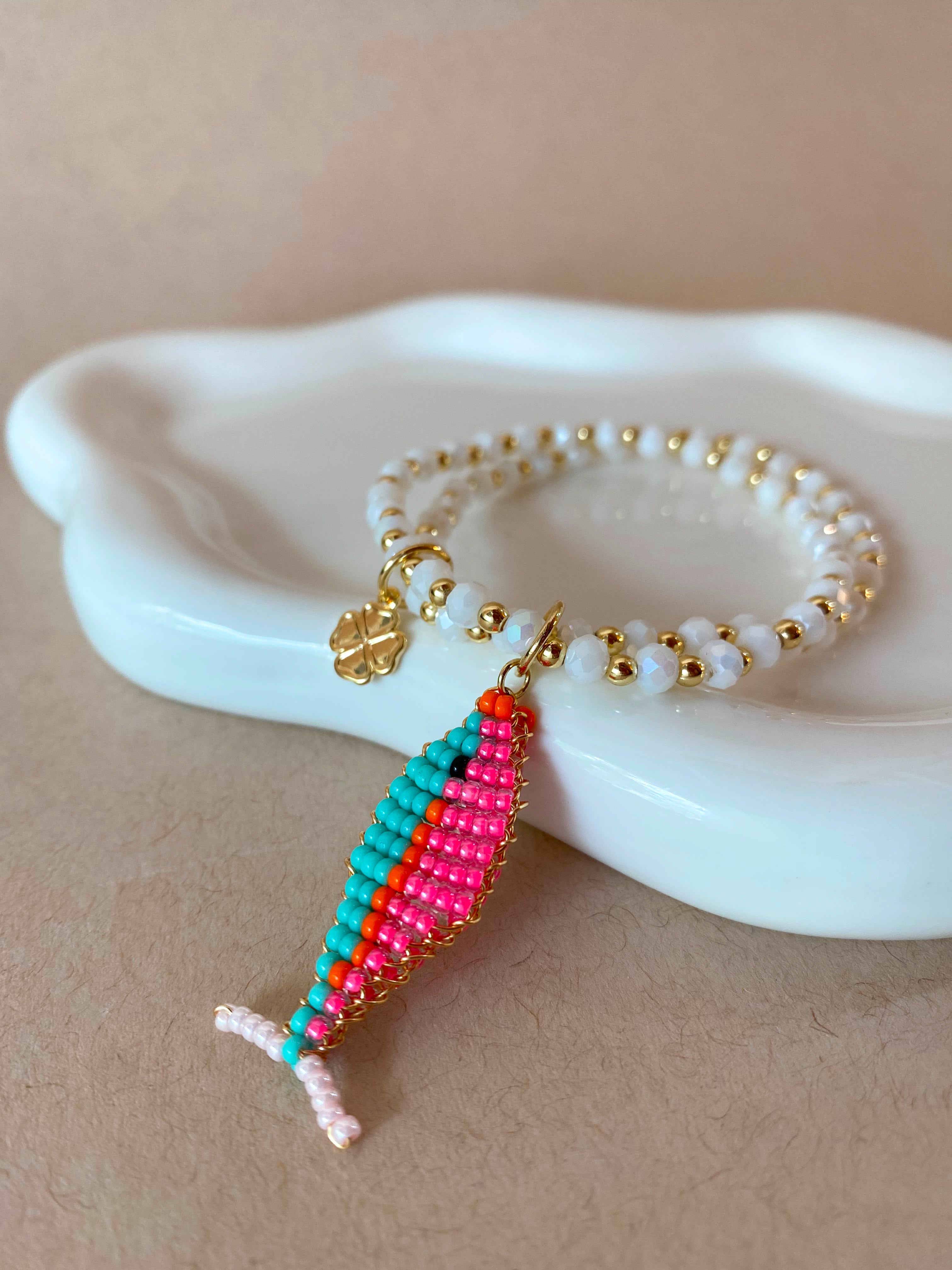 Pink and Blue Miyuki Fish Clover Elastic White Bracelet
