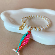 Pink and Blue Miyuki Fish Clover Elastic White Bracelet