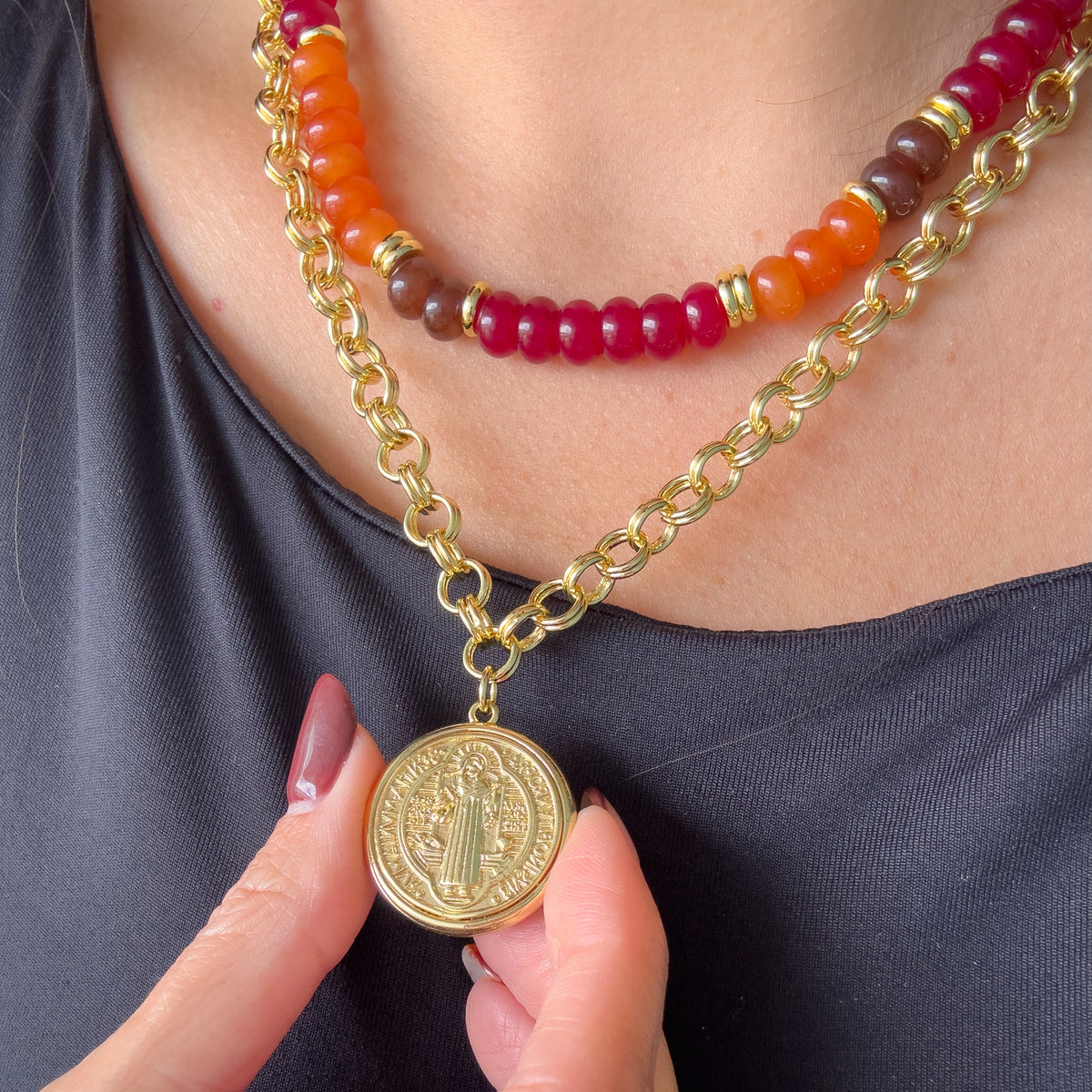 Multicolor Red Morganite Beads Necklace or Golden St Benedict Thick Necklace