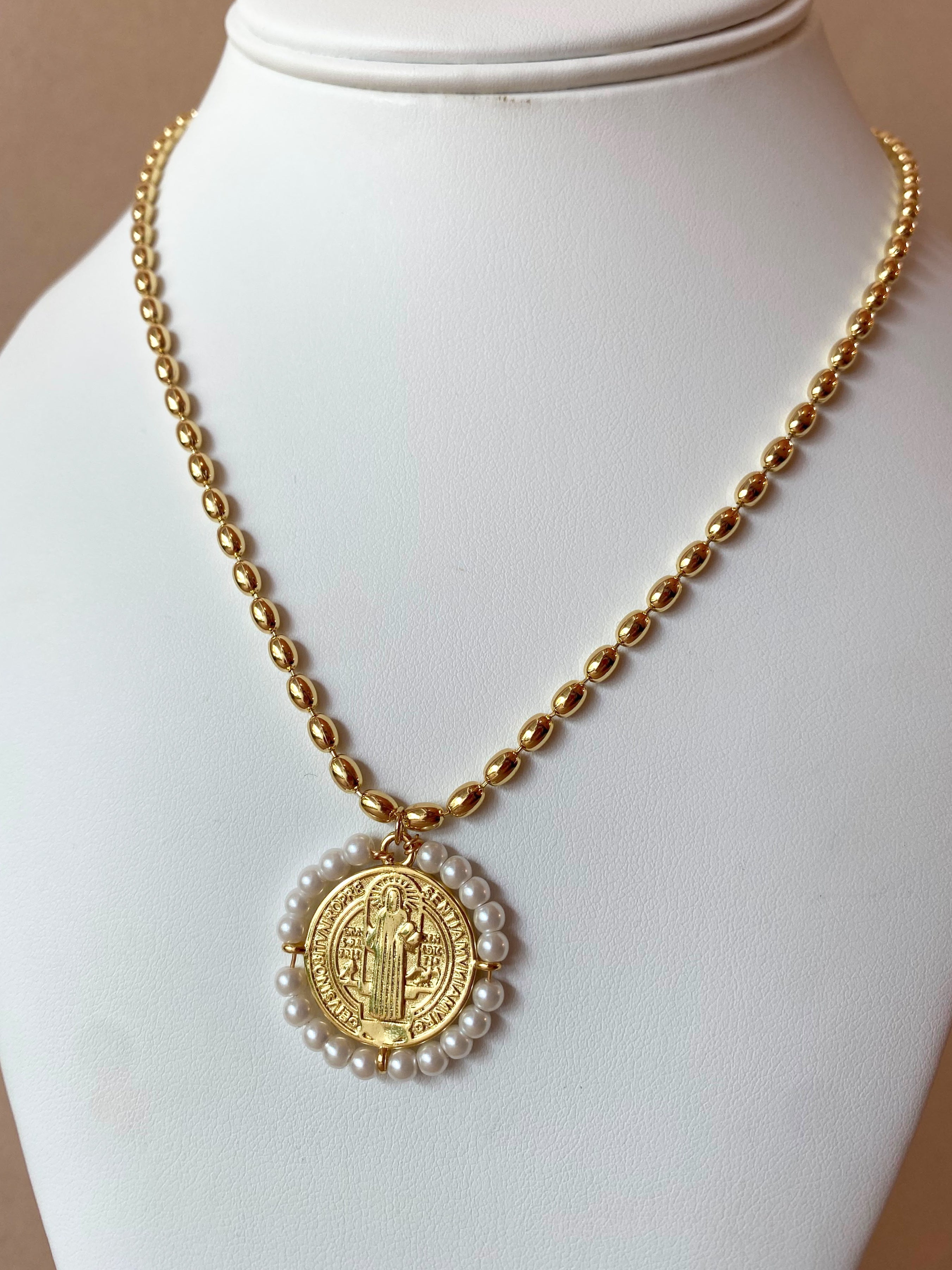 St Benedict Golden and Pearl Medal Necklace