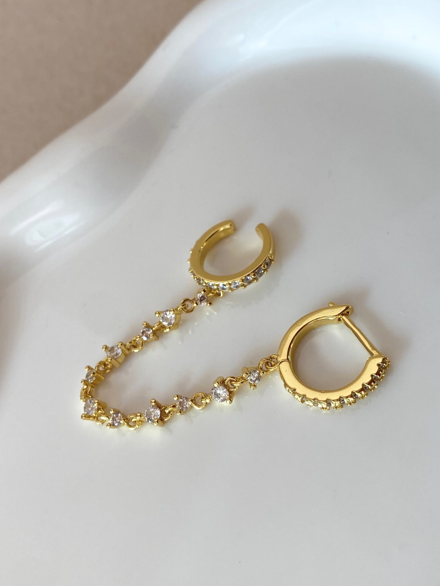 Ear Cuff and Hoop in 1 Golden Crystal Earring Set