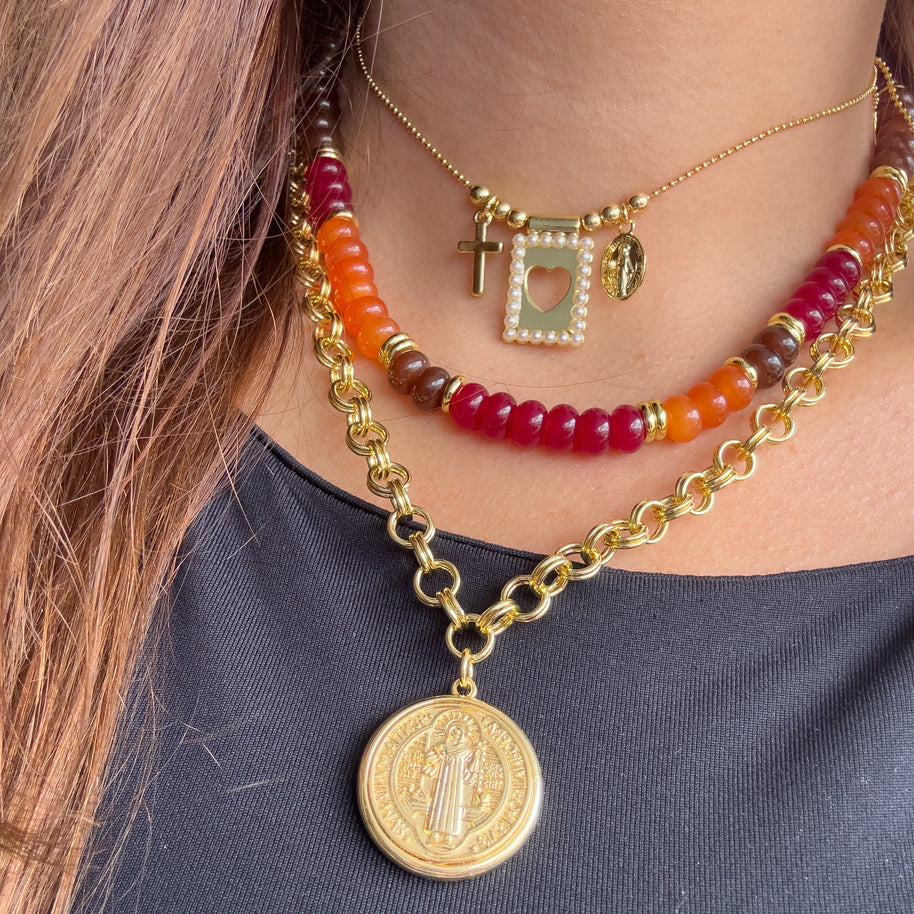 Multicolor Red Morganite Beads Necklace or Golden St Benedict Thick Necklace