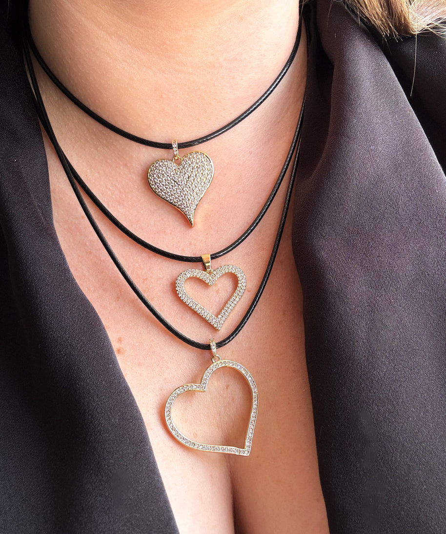 Shiny Hearts Black Leather Necklace