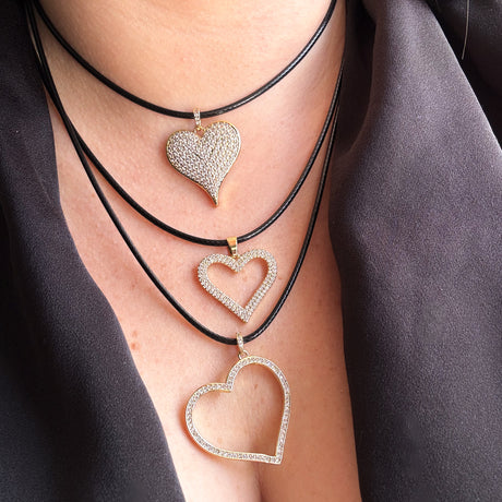 Shiny Hearts Black Leather Necklace