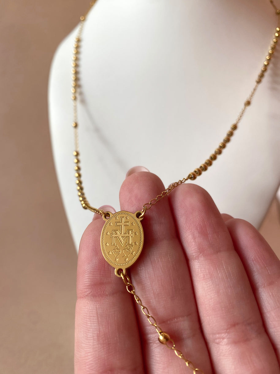 Golden Steel Guadalupe Virgin Rosary Necklace