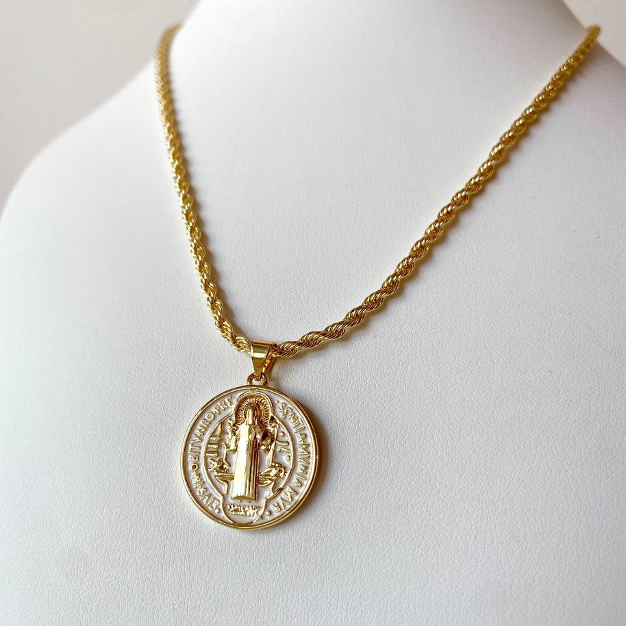 White and Gold St Benedict Rope Style Necklace
