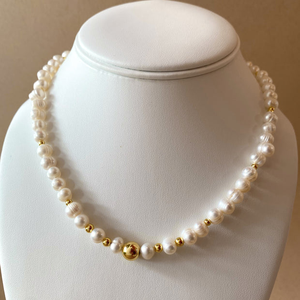 Medium Real Pearls and Golden Ball Necklace