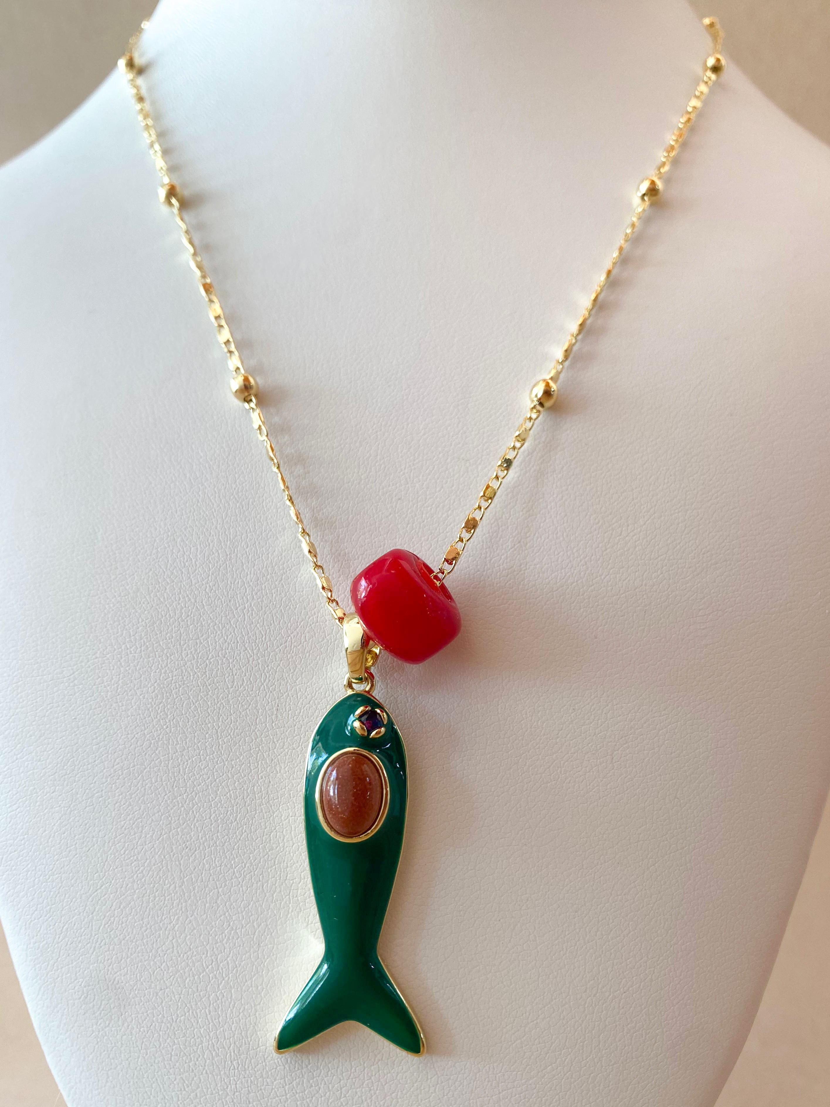 Green Fish and Red Ceramic Turkish Stone Necklace