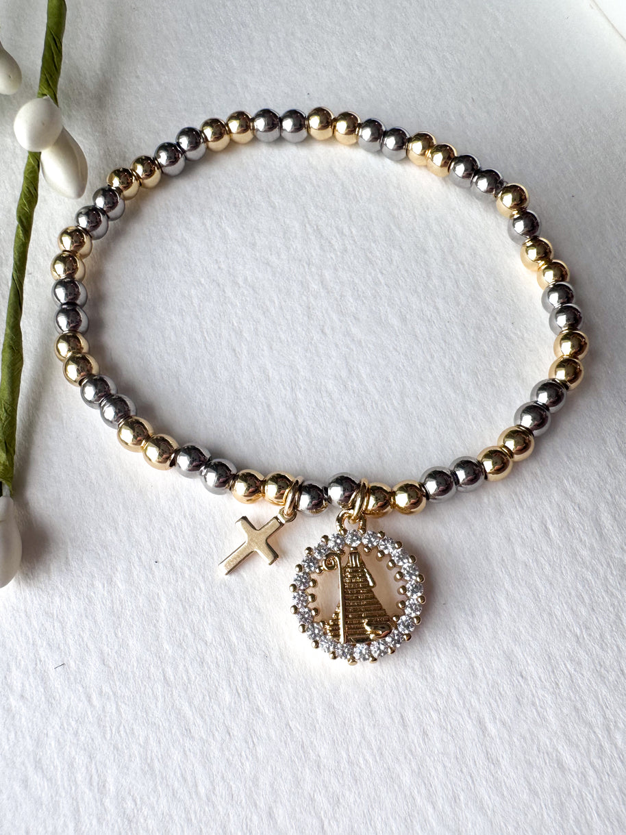 2 Gold Cross & Virgin Crystal Medal Elastic Bracelet