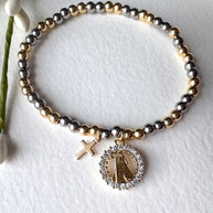 2 Gold Cross & Virgin Crystal Medal Elastic Bracelet