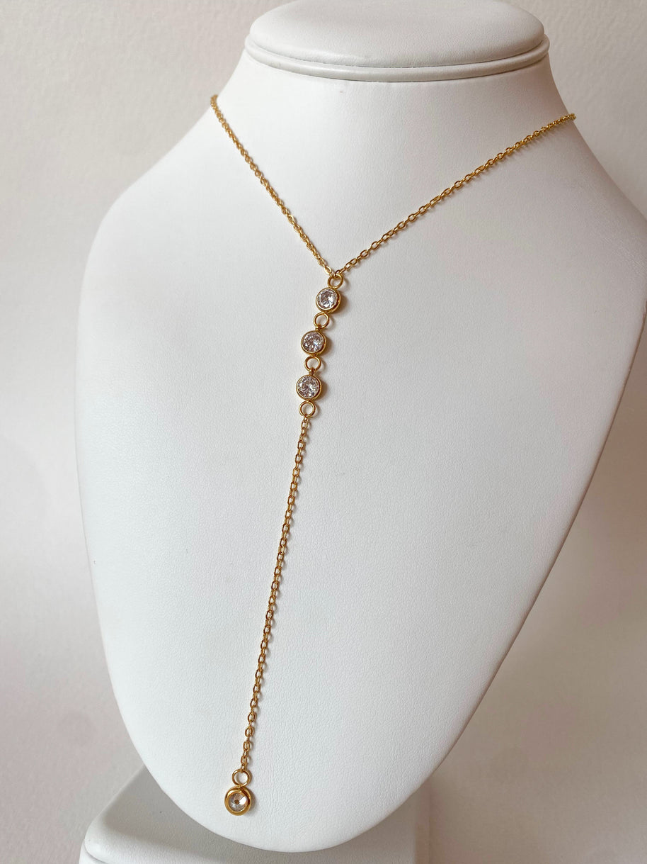 Golden Steel Zircons Drop Y Style Necklace