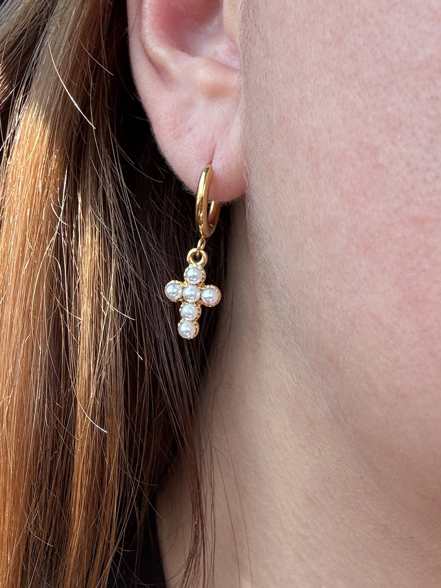 Golden Steel Cross Pearls Hoops