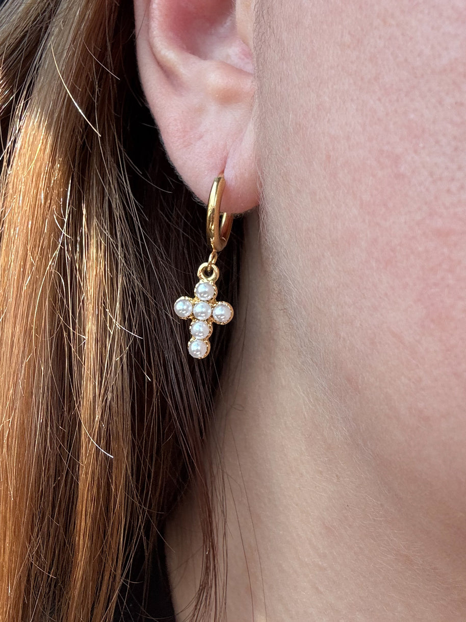 Golden Steel Cross Pearls Hoops