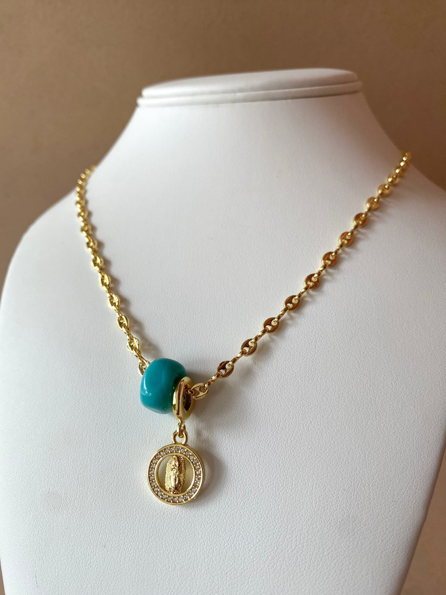 Blue Turkish and Guadalupe Virgin in Coffee Grain Necklace