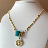 Blue Turkish and Guadalupe Virgin in Coffee Grain Necklace