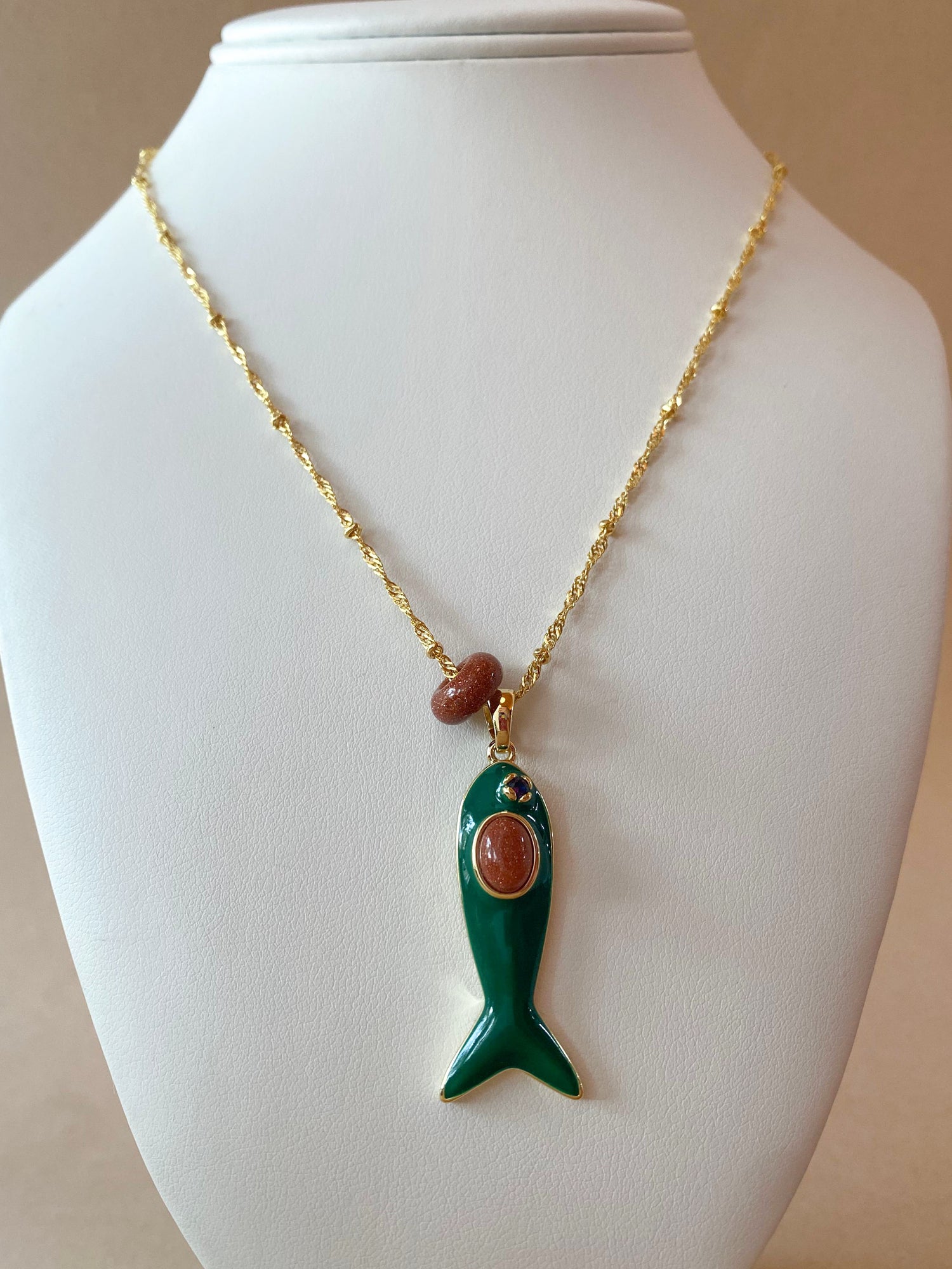 Green Fish and Rain of Gold Stone Necklace