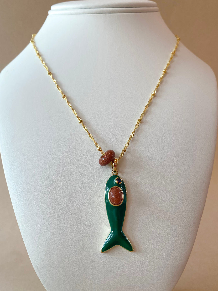 Green Fish and Rain of Gold Stone Necklace