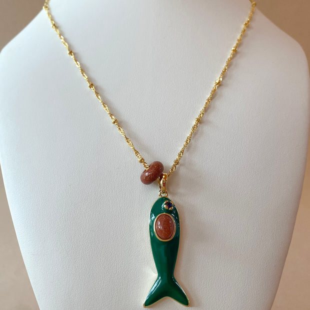 Green Fish and Rain of Gold Stone Necklace