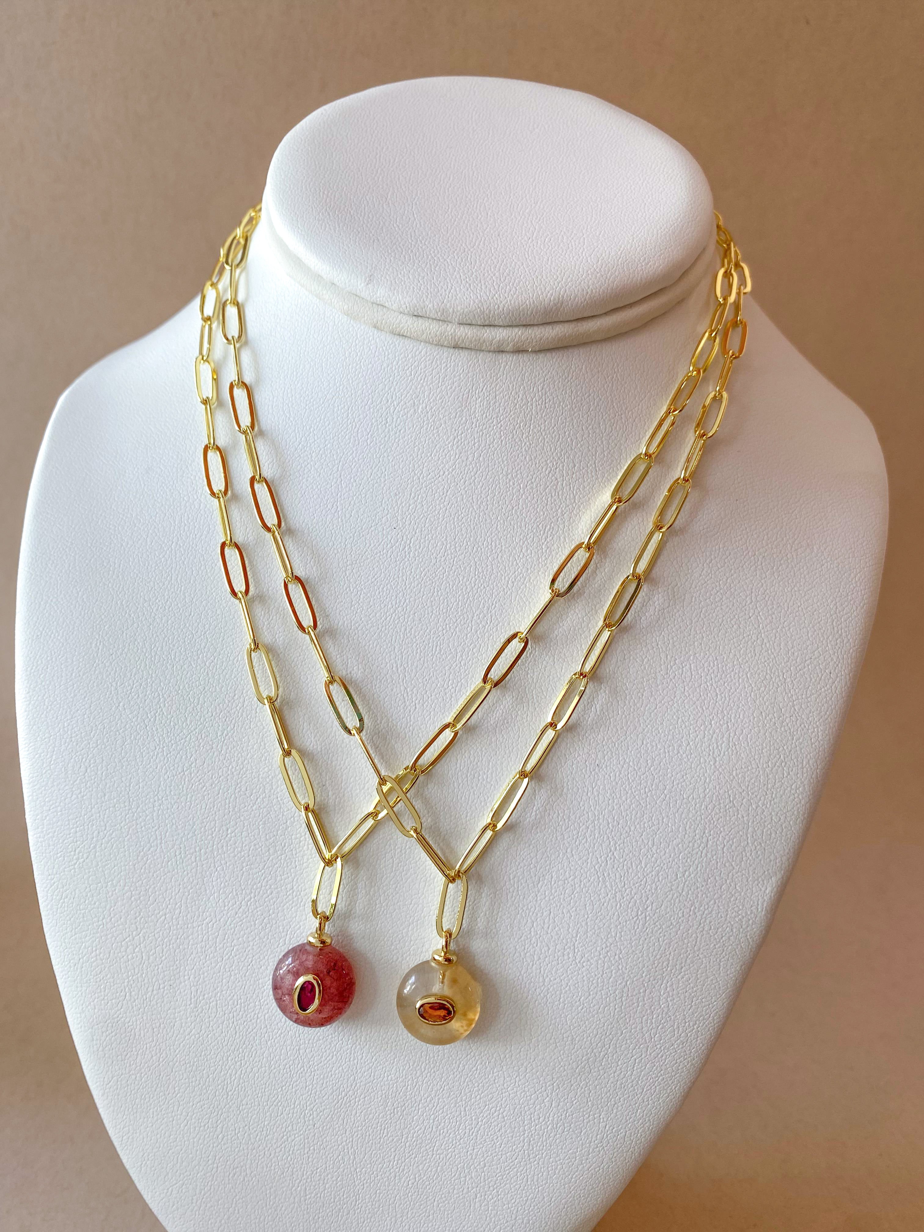 Pink and Yellow Quartz Stones Papers Clip Style Necklace