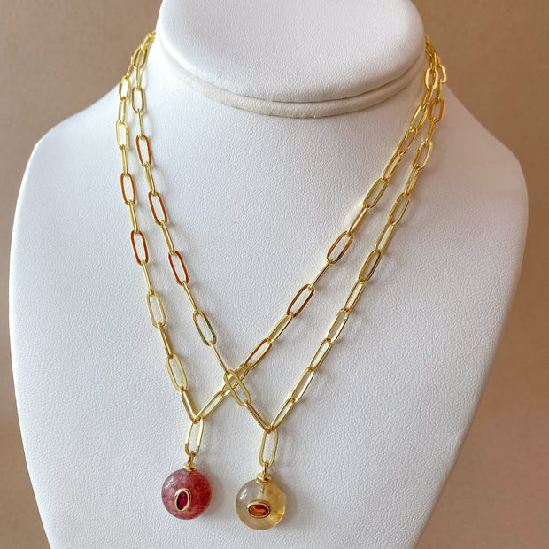 Pink and Yellow Quartz Stones Papers Clip Style Necklace