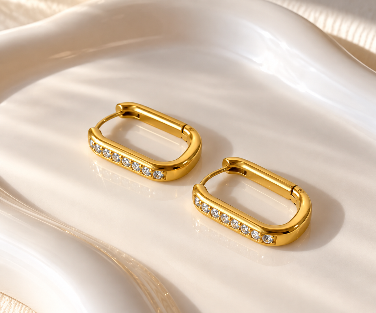 Golden Steel Pave Oval Hoops