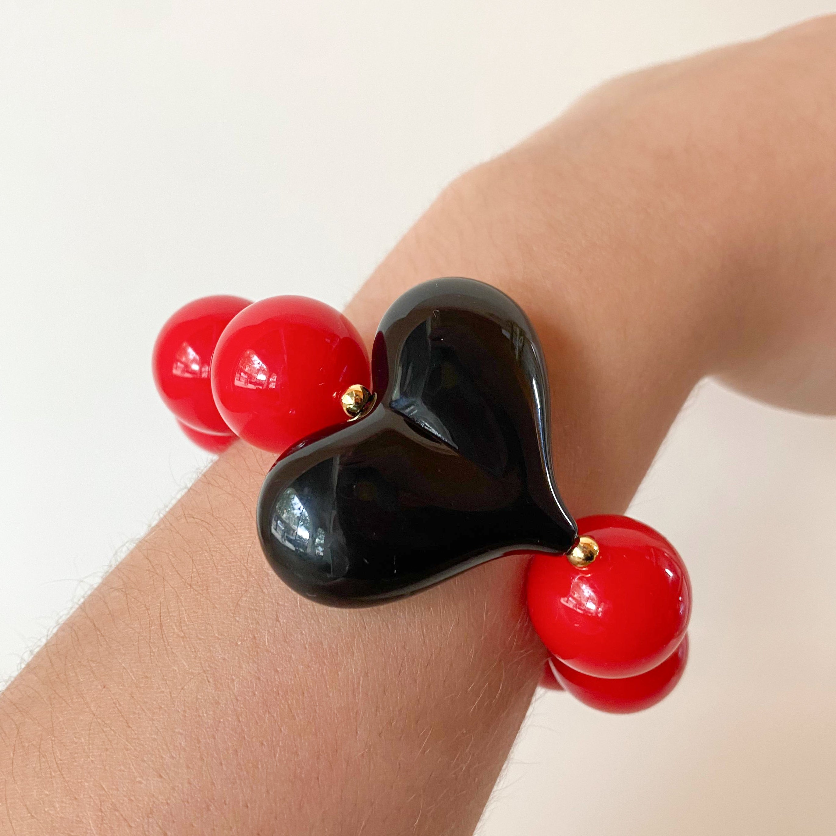 Acrylic Red Gumball Bead with Black Heart Bracelet