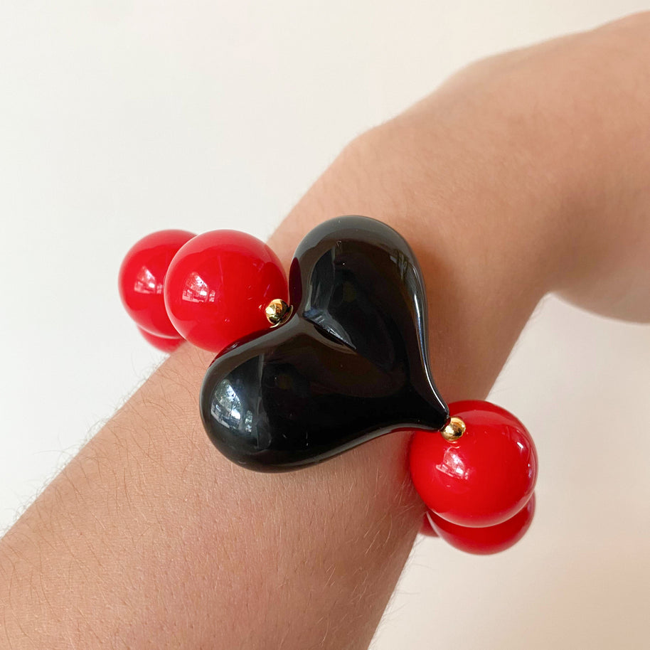 Acrylic Red Gumball Bead with Black Heart Bracelet