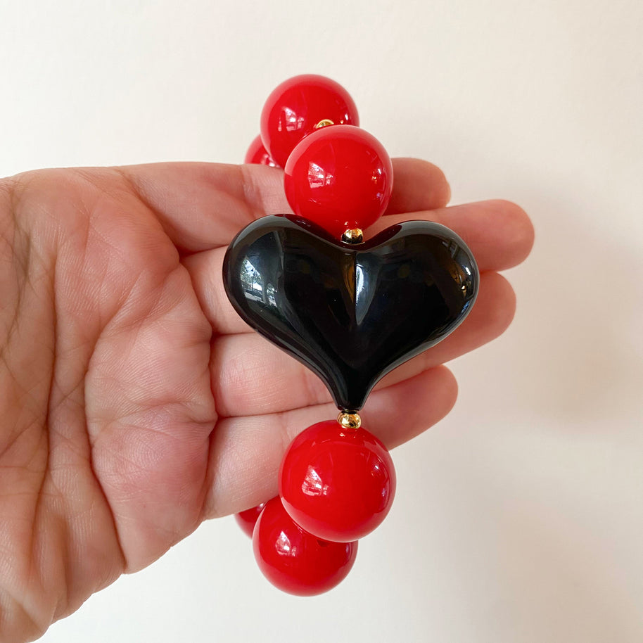 Acrylic Red Gumball Bead with Black Heart Bracelet