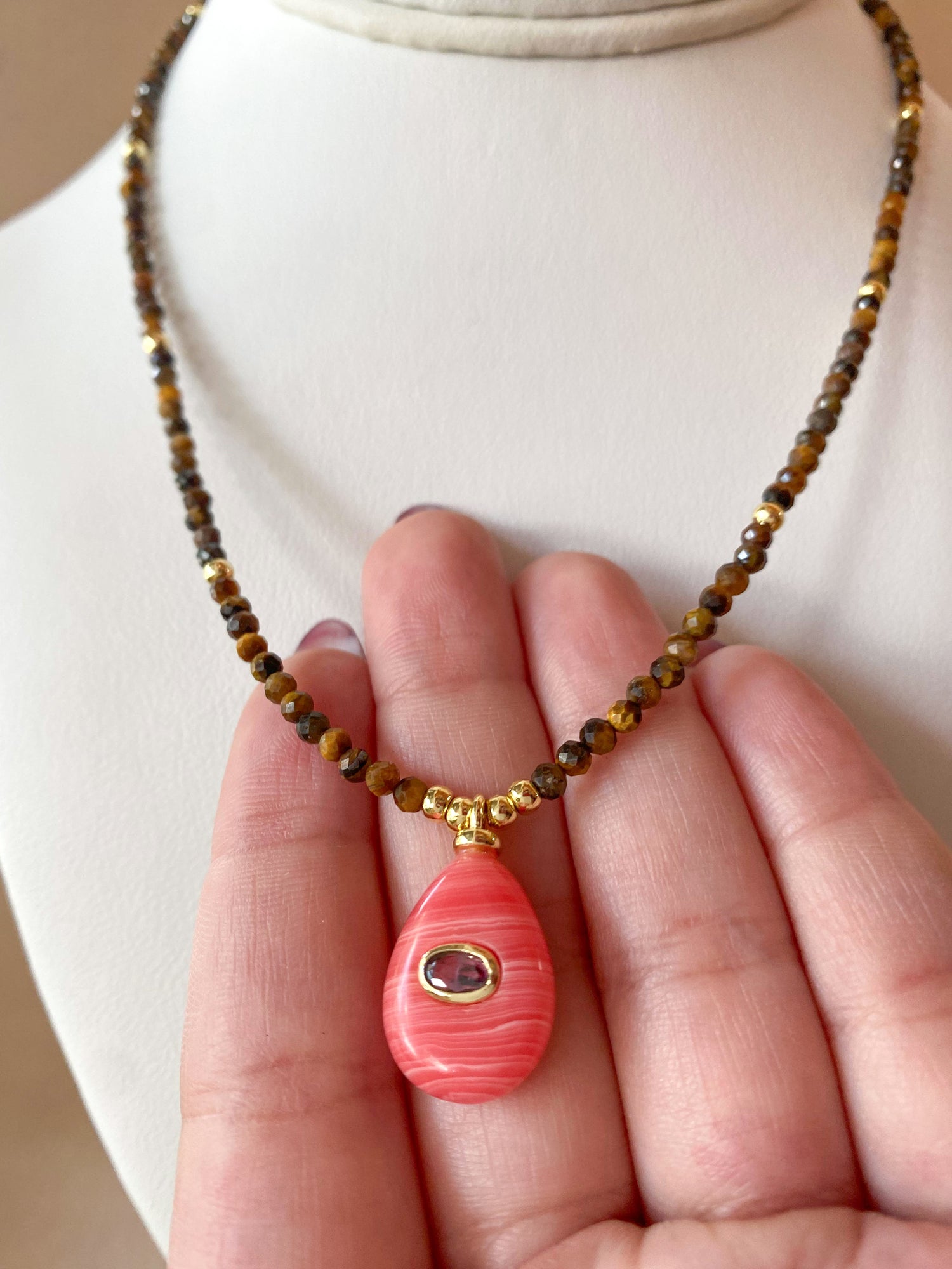 Pink Quartz Style Circular Charms in Tiger Eye Necklace
