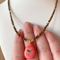 Pink Quartz Style Circular Charms in Tiger Eye Necklace