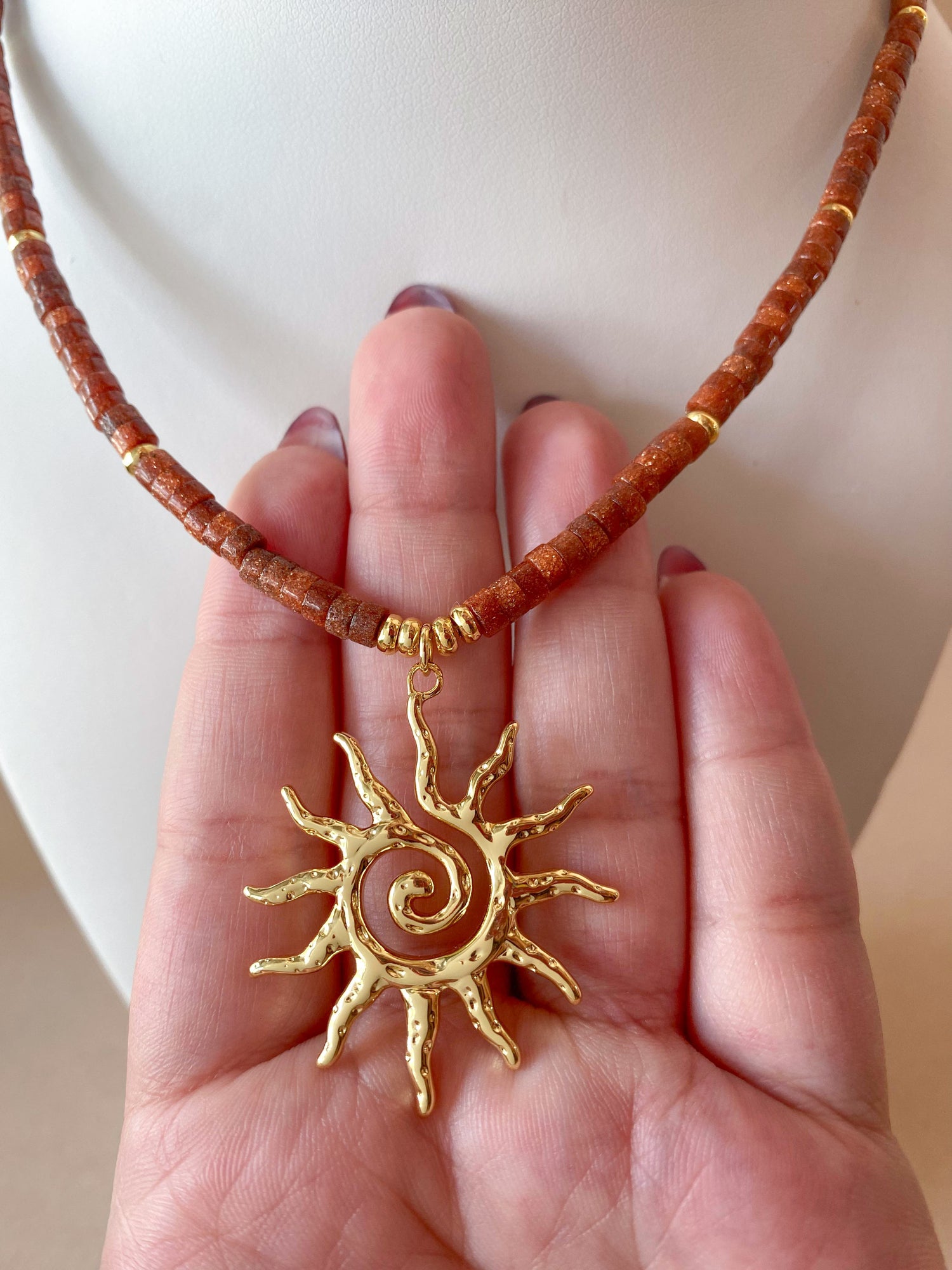 Big Golden Sun in a Brown Goldstone Necklace