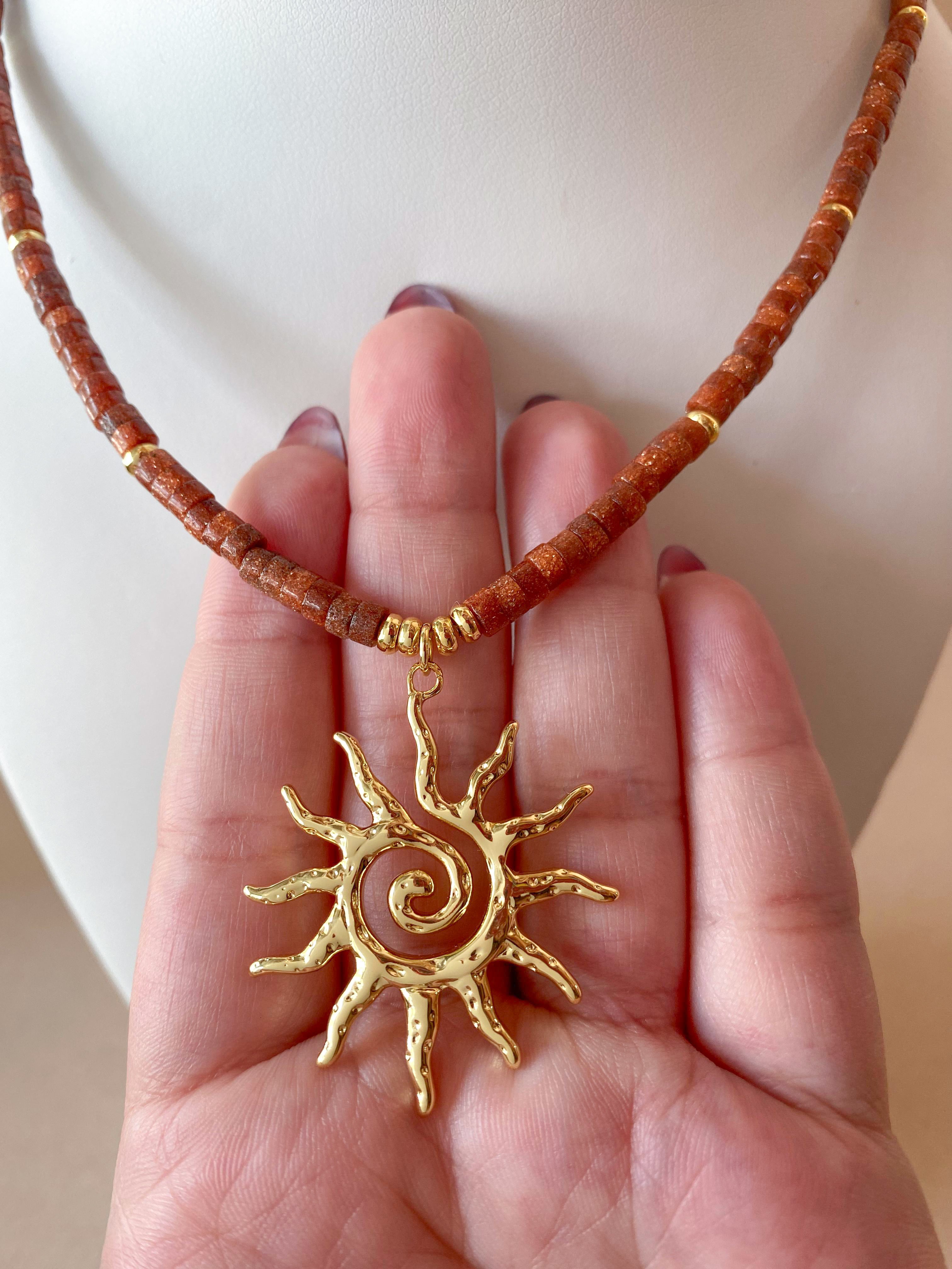 Big Golden Sun in a Brown Goldstone Necklace
