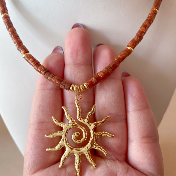 Big Golden Sun in a Brown Goldstone Necklace