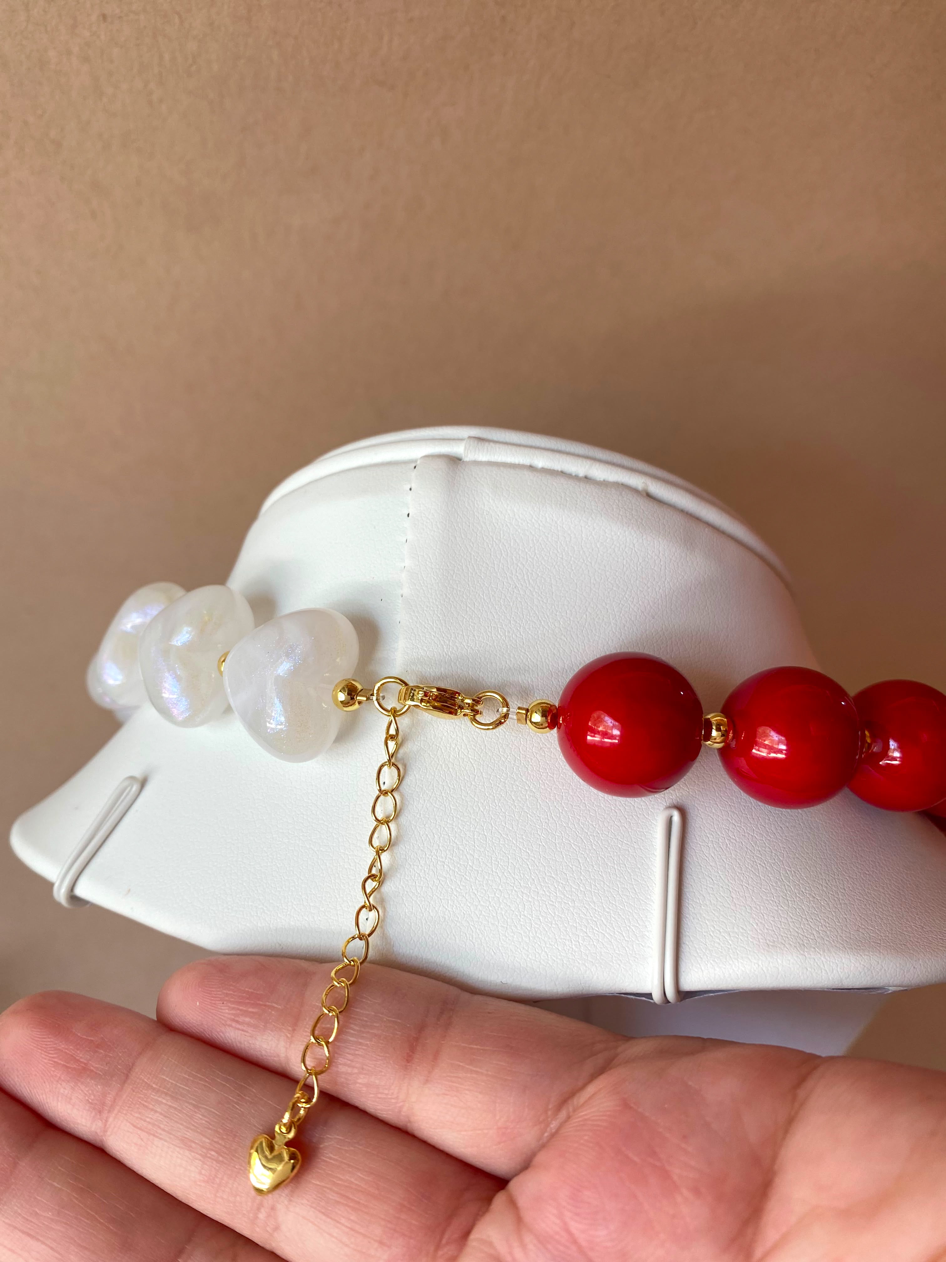 Red and White Shiny Ceramic Hearts and Balls Pattern Necklace