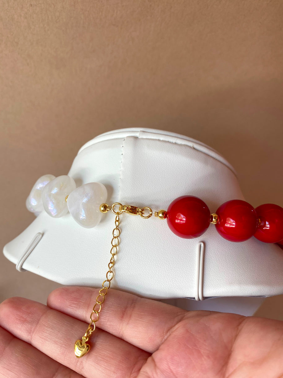 Red and White Shiny Ceramic Hearts and Balls Pattern Necklace