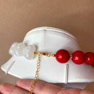 Red and White Shiny Ceramic Hearts and Balls Pattern Necklace