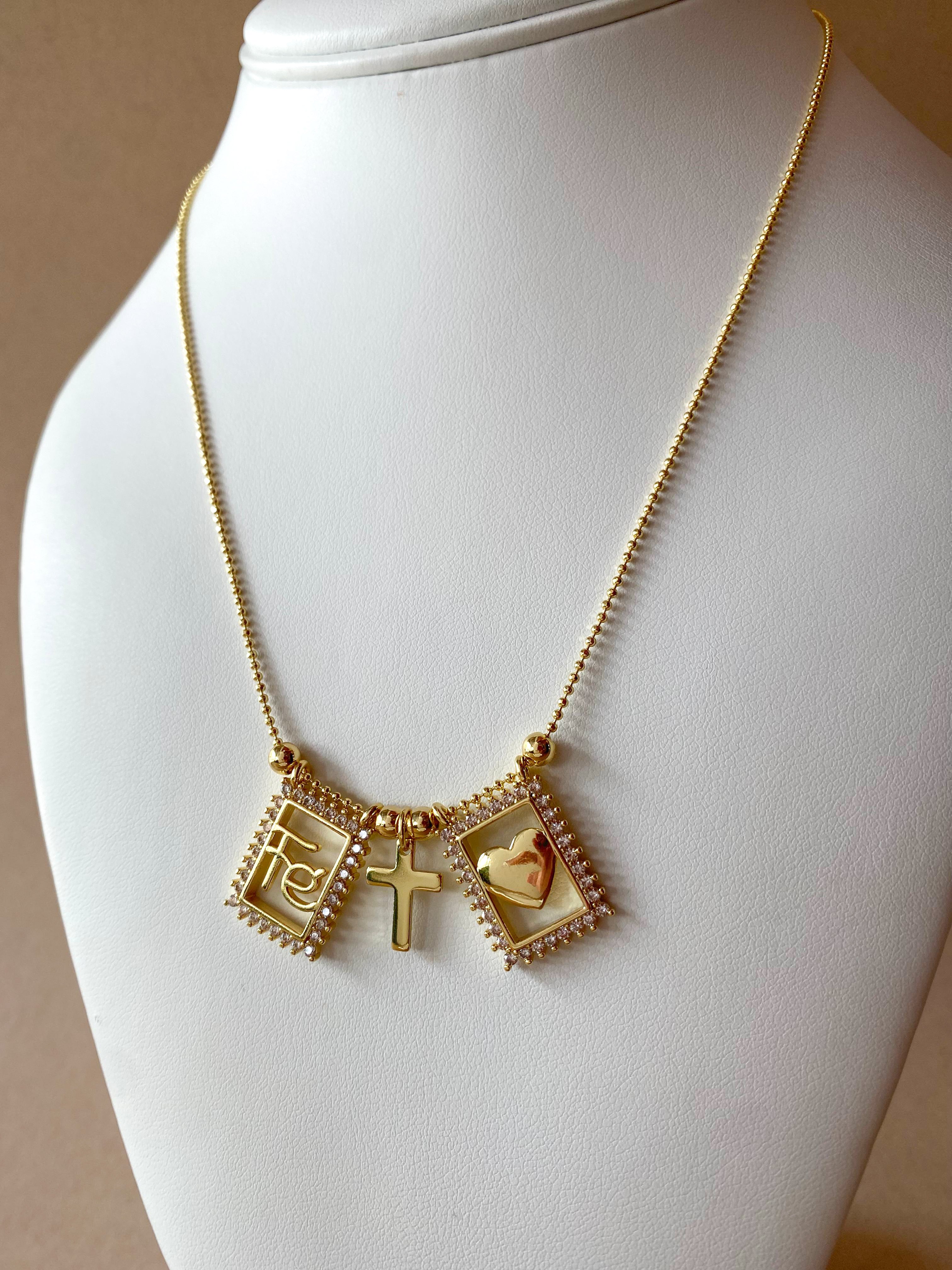 Golden Crystal Faith, Cross & Heart Scapular Necklace
