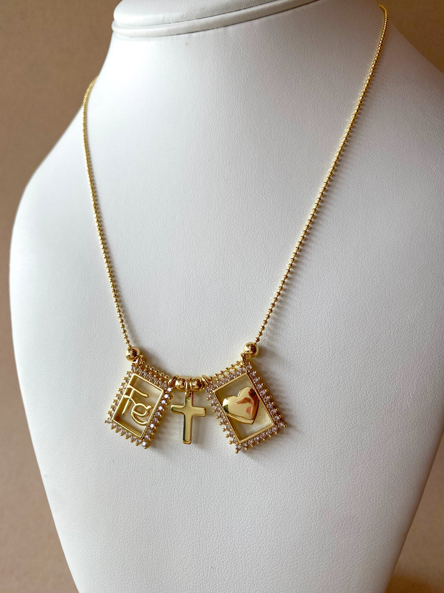 Golden Crystal Faith, Cross & Heart Scapular Necklace