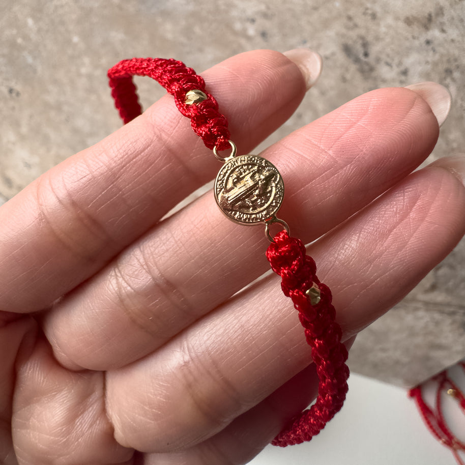 St Bendict 18K Solid Gold in Red String Bracelet