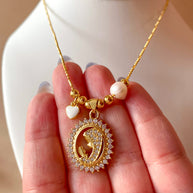 Prayer Virgin Crystal Medal & Pearls Adjustable Necklace