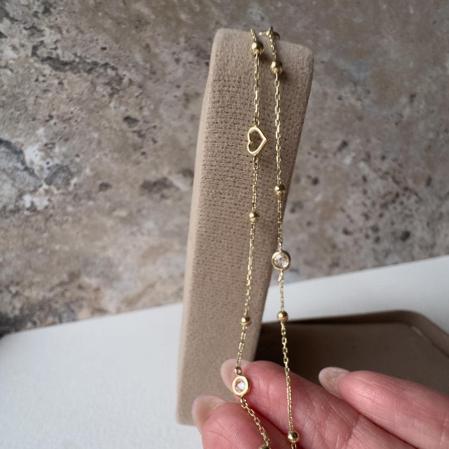 Hearts and Crystals 14k Solid Gold Necklace
