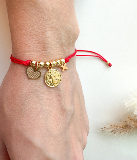 Red Bracelet Heart, Cross and St Benedict