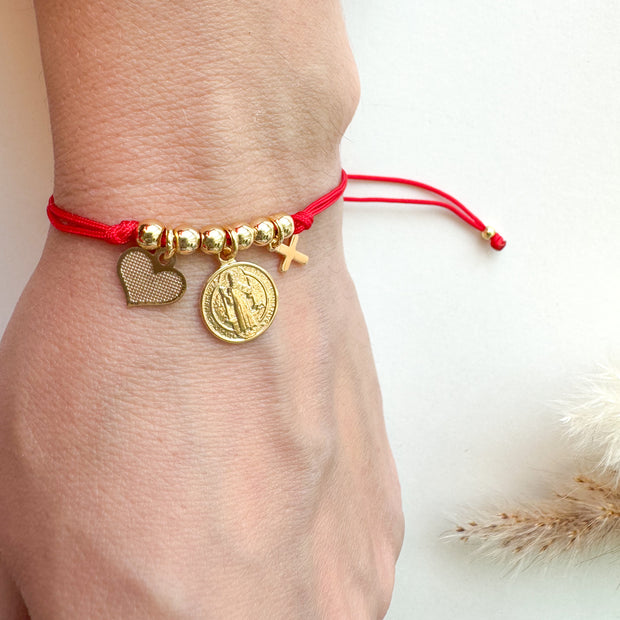 Red Bracelet Heart, Cross and St Benedict