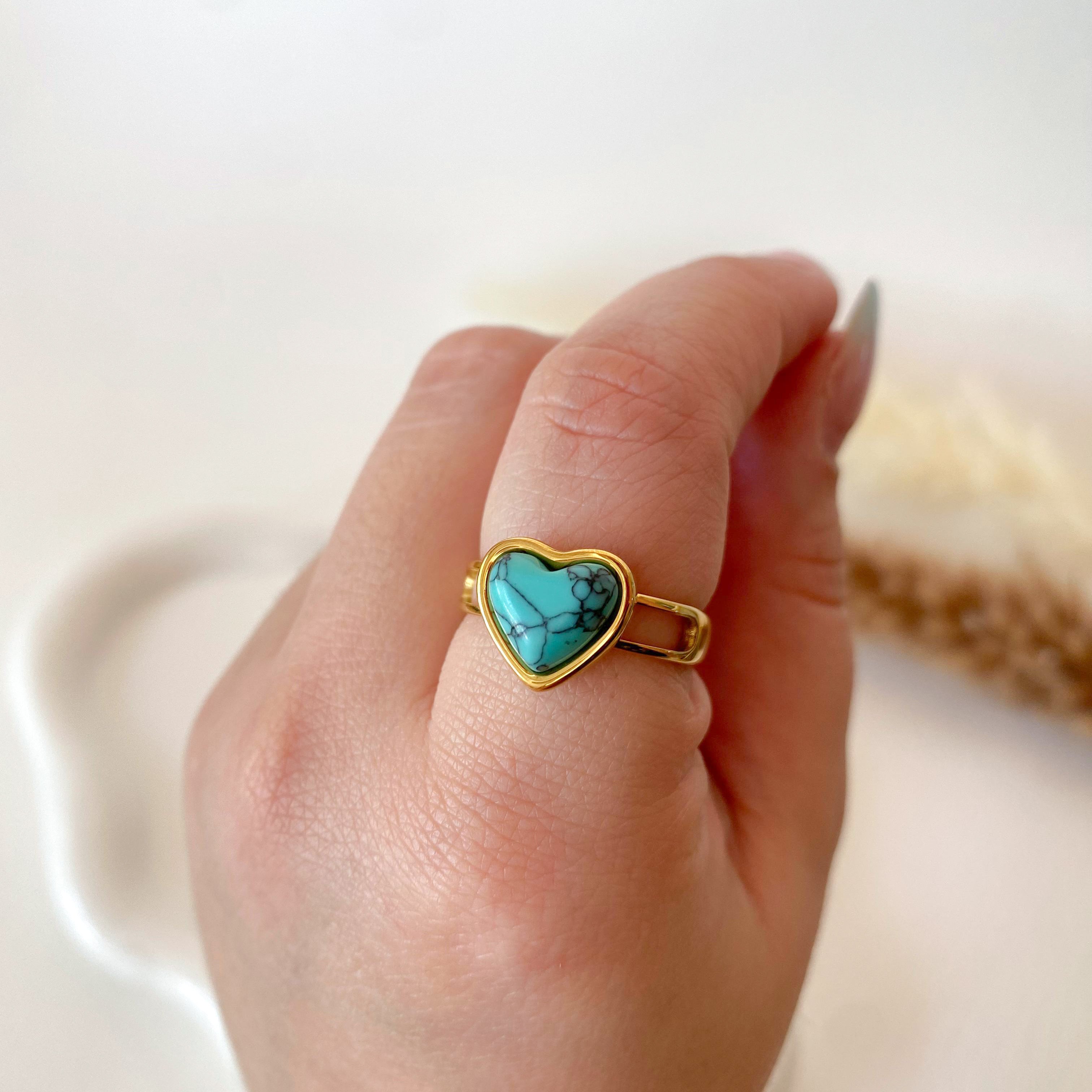 Turquoise Heart Golden Steel Adjustable Ring