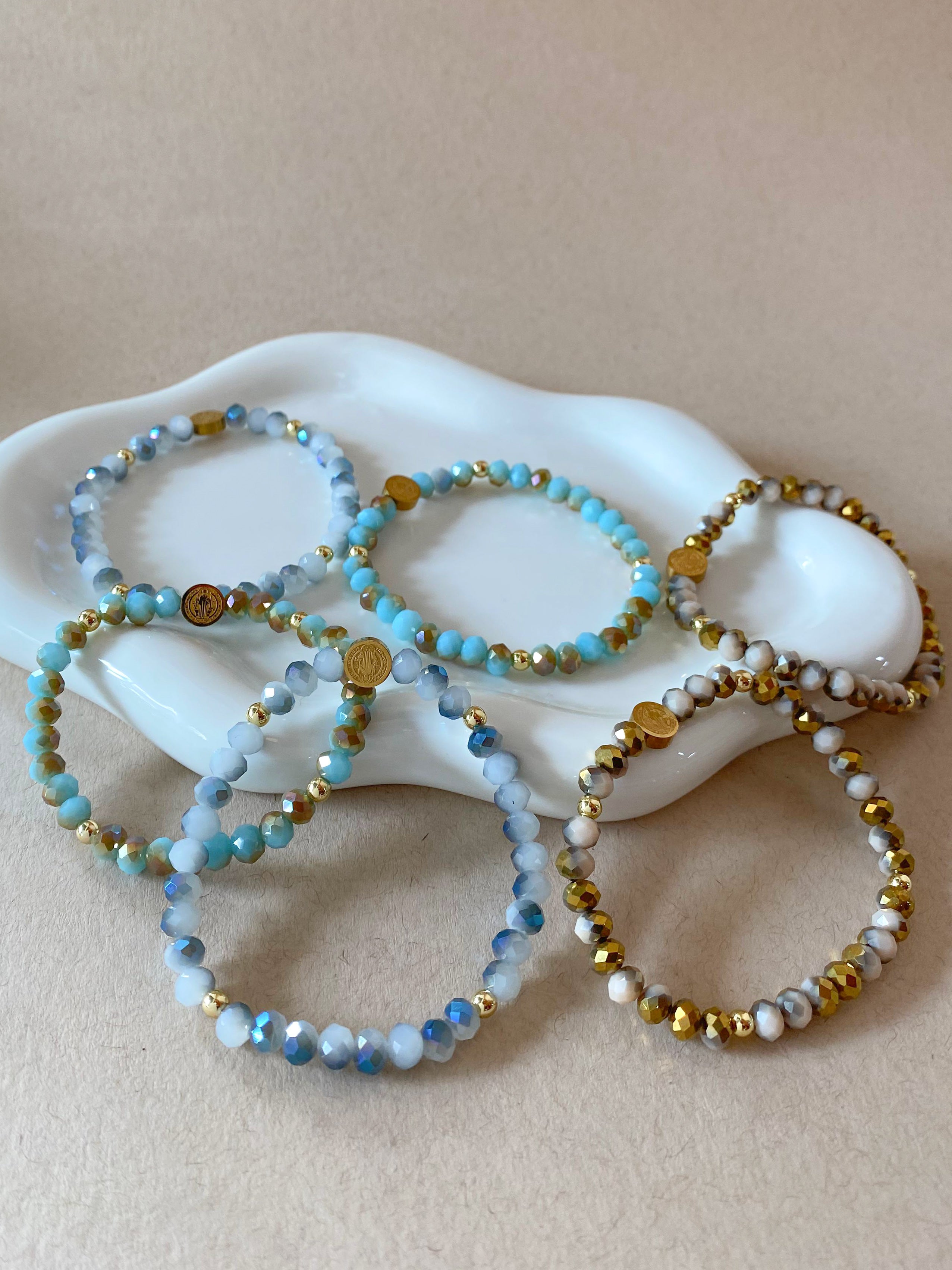 Elastic Crystal Blue, Turquoise and Brown Steel St. Benedict Bracelets
