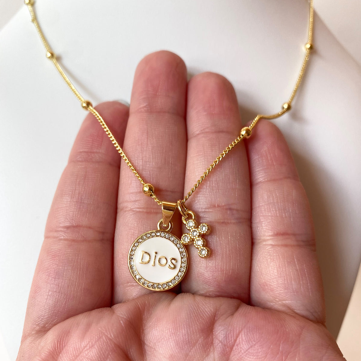 White Dios and Clear Cross Necklace