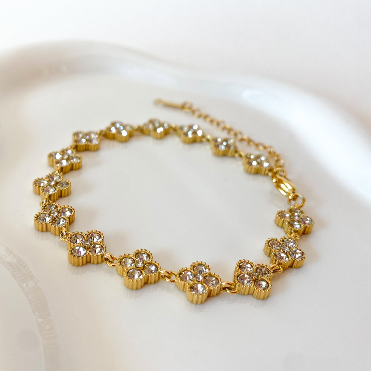 Shiny Zircon Clear Clovers Steel Bracelet