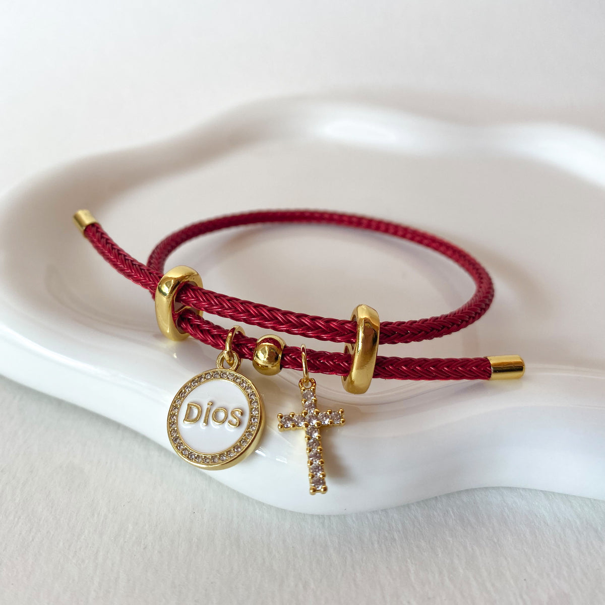 White Dios and Zircon Cross in Red Cord Adjustable Bracelet