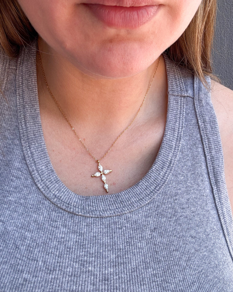 Golden Crystal Cross Steel Necklace